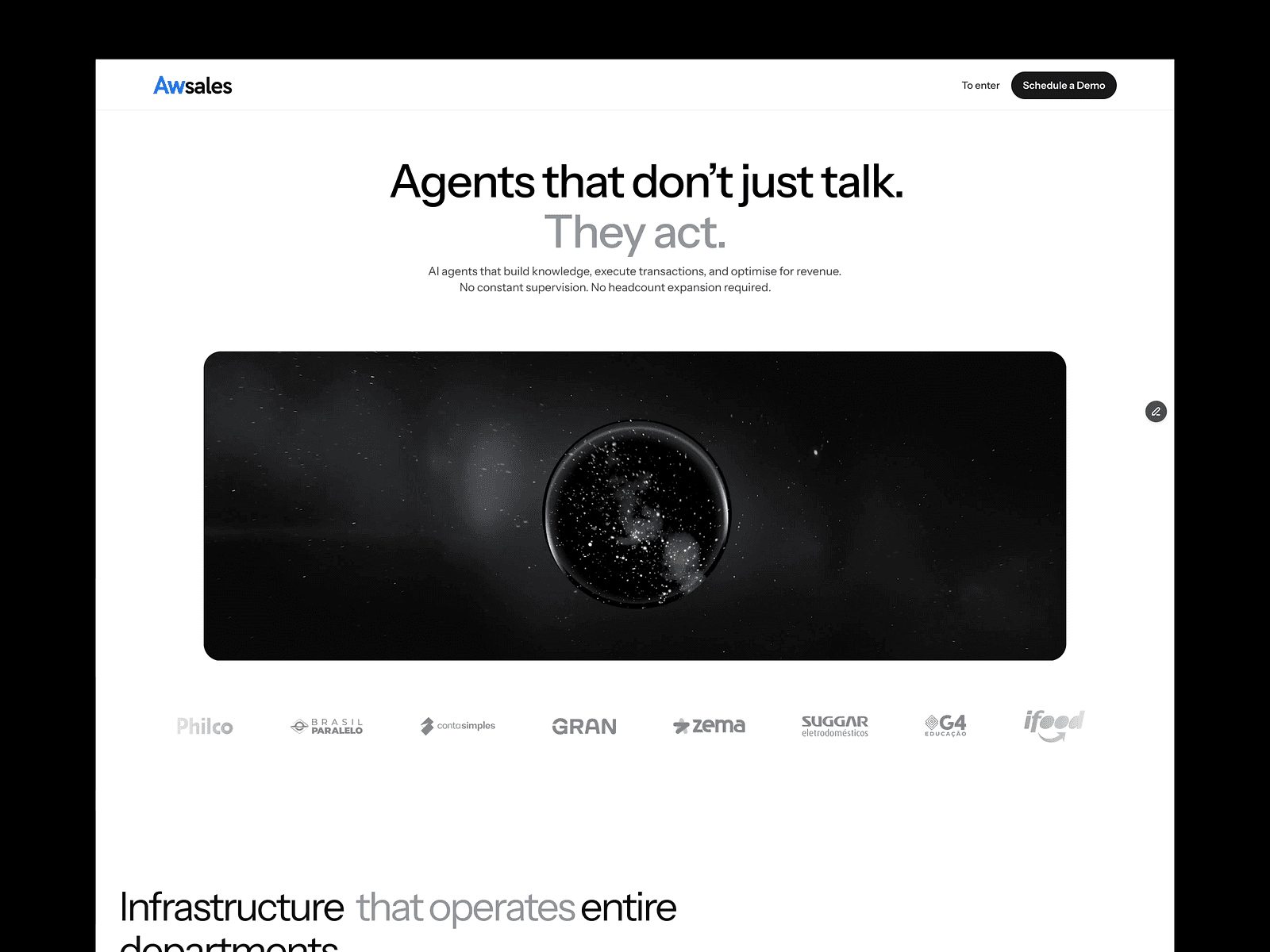 AwSales website design with an agent core visual